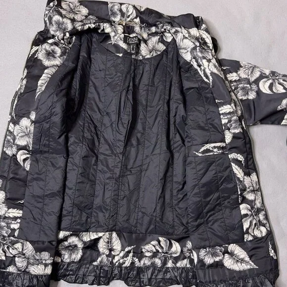 Dennis Basso Jacket Printed Floral Black White Water Resistant Hooded Ruffle Lg - Picture 15 of 16